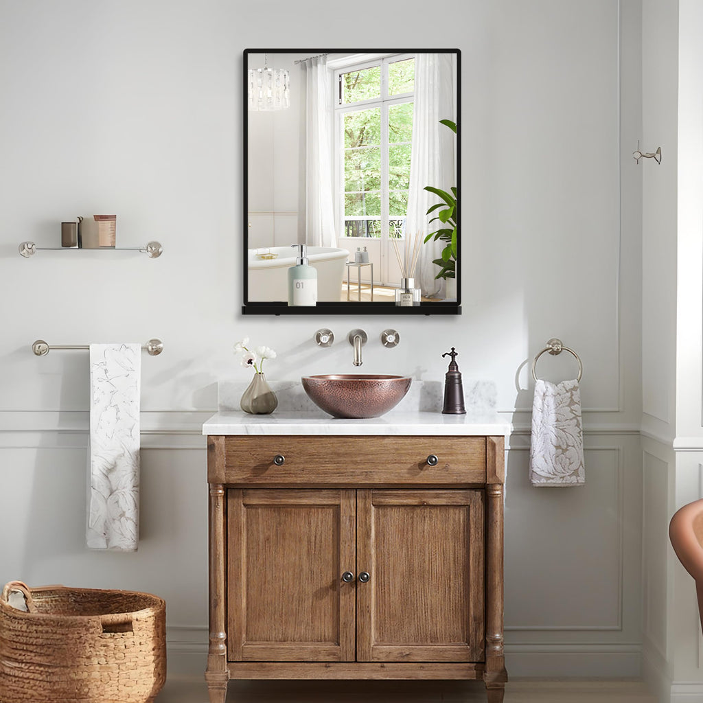 Bathroom Mirror with Shelf, Black Rectangle Wall Mirror Metal Frame, Hanging Horizontal or Vertical (24'' X 20'')