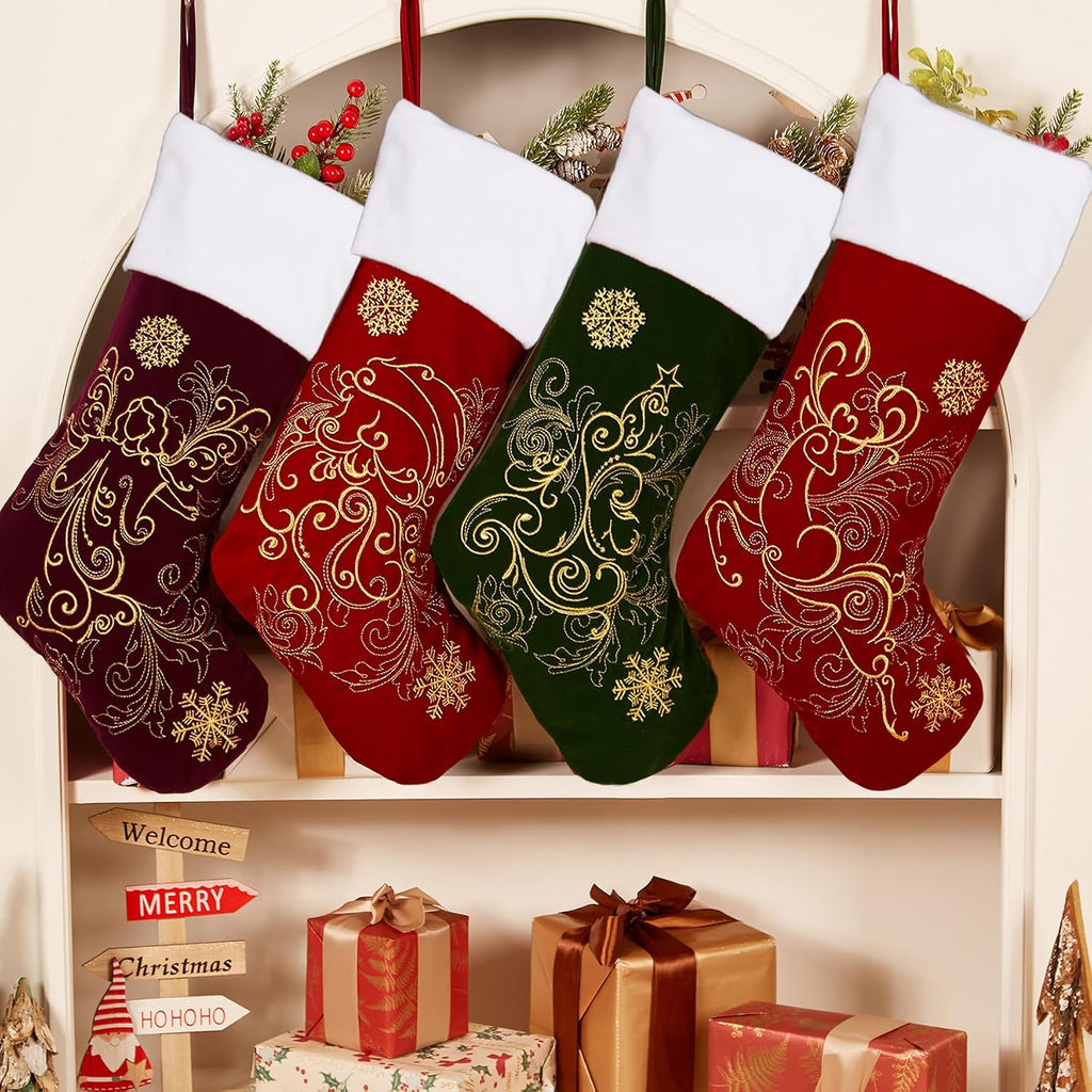 Velvet Christmas Stockings 6 Pack Large 20 Inches with Hanging Loop Embroidery Classic Luxury Family Ornament