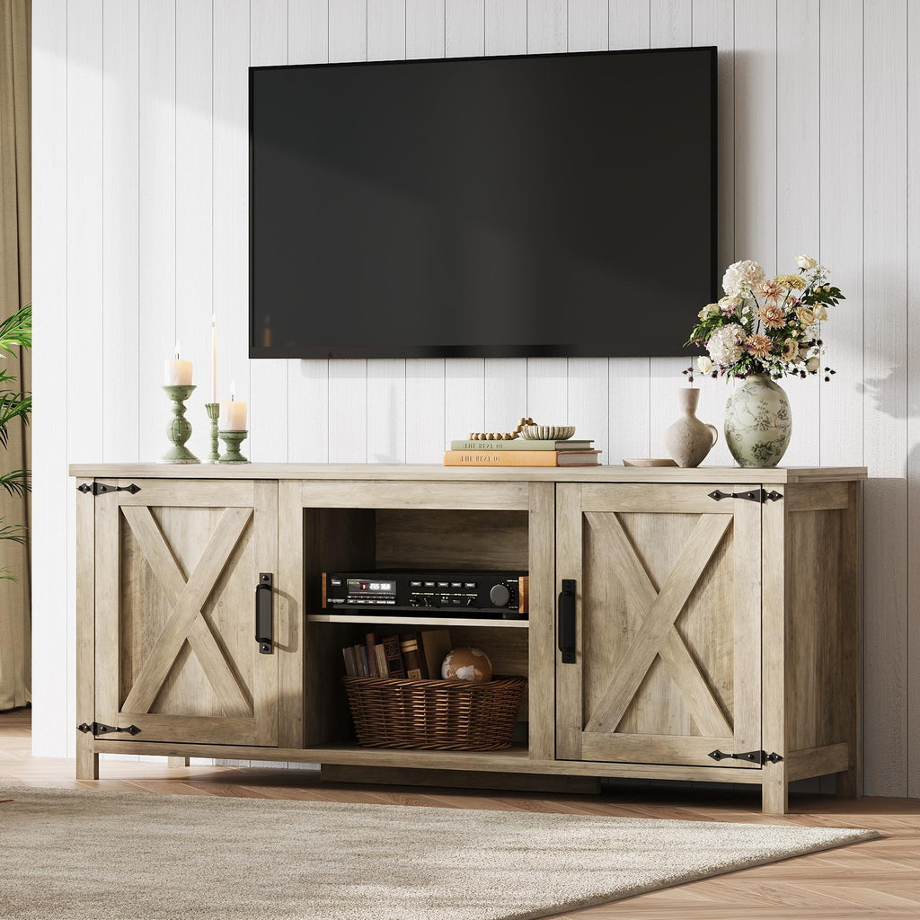 Farmhouse TV Stand for TVs Up to 65", Entertainment Center, Gray Oak