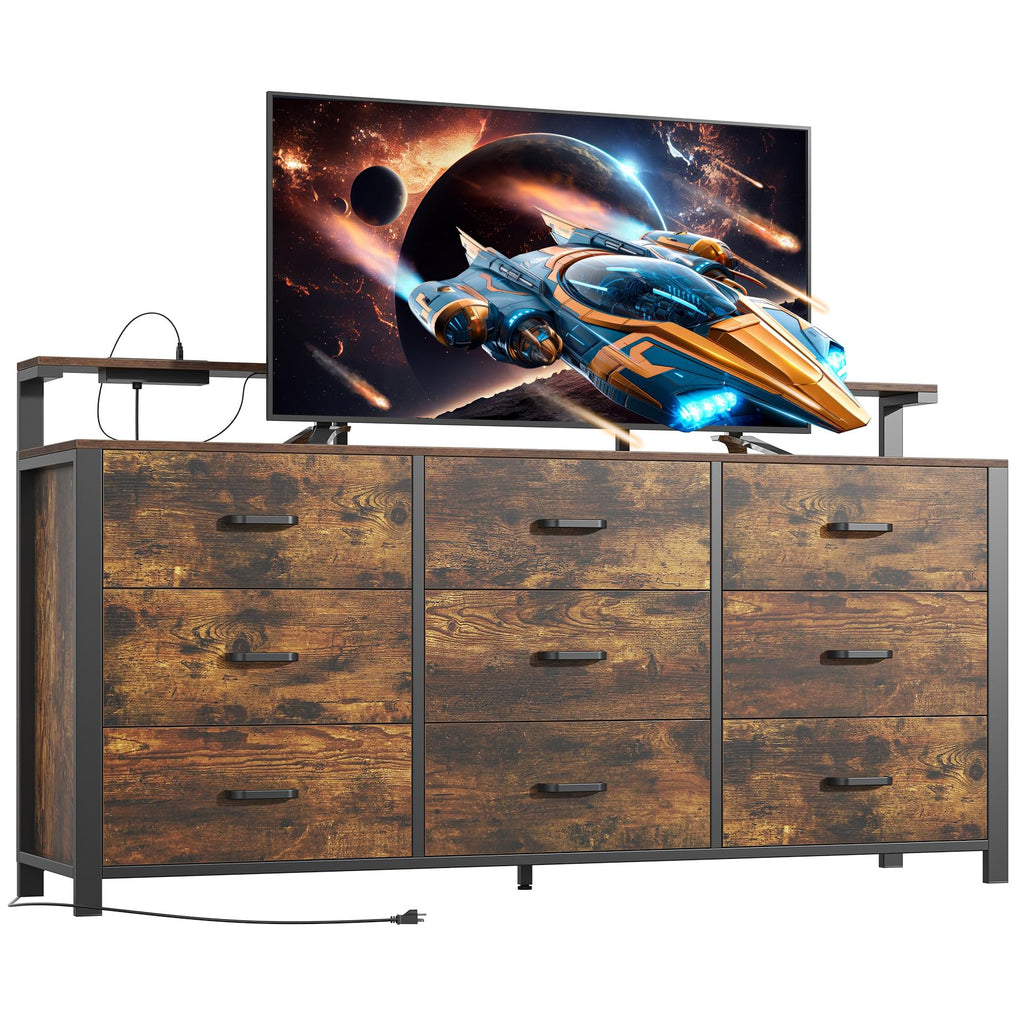 63'' Rustic Brown, 9 Drawer with Power Outlet and Led Lights, Bedroom Furniture with Wooden Drawer and Metal Frame