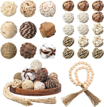 3.15 and 1.97 Inch Decorative Balls, 20.9 Inch Garland Wood Beads Rattan Wicker Balls with Spheres Orbs Filler - Set of 25