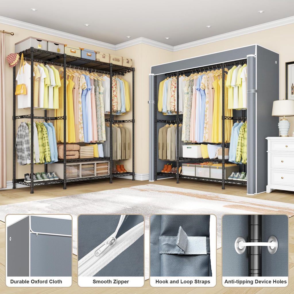 E3C Black Clothes Rack with Gray Cover, Heavy Duty Garment Rack