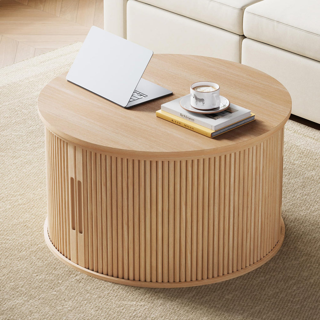 Lift Top Coffee Table, Round Fluted Coffee Table with Storage, Boho Wooden Coffee Tables with Sliding Tambour Door