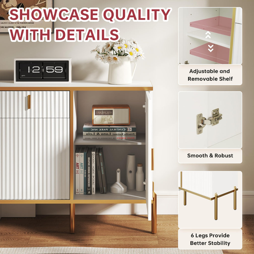 60" Fluted Buffet Cabinet with Storage, Modern Buffets & Sideboard with 2 Drawers, 4 Doors and Adjustable Shelves