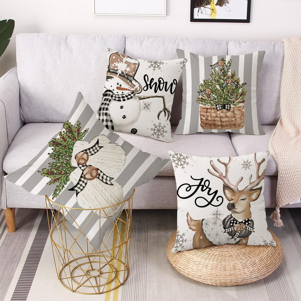 Black White Buffalo Check Plaids Christmas Pillow Covers 18x 18 Inches (Gray Stripe)
