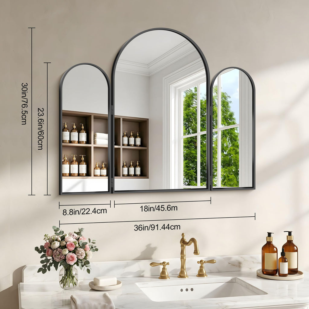 Trifold Vanity Mirror, 30x36Inch 3 Way Mirror Metal Frame, Black Tri Fold Arched Mirror Wall Mounted for Make up