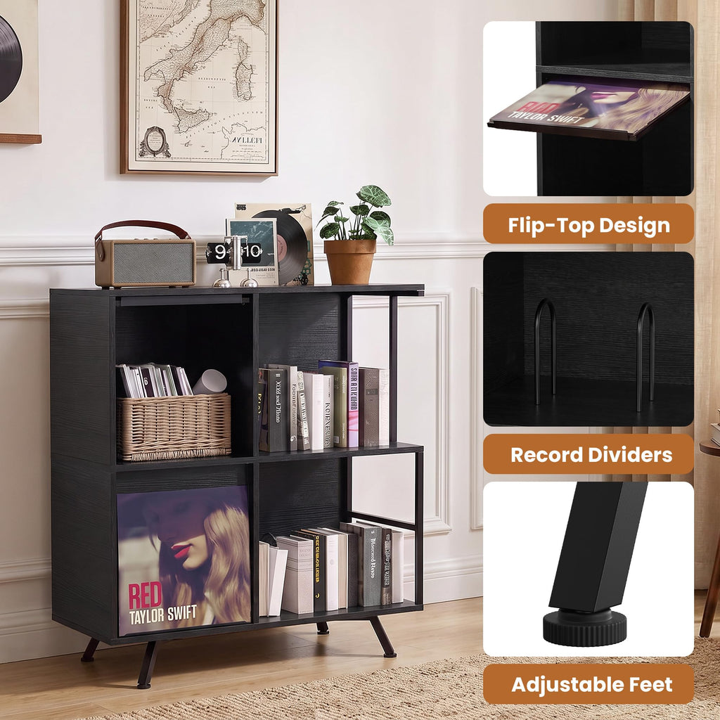 Flip Top Record Player Stand with Vinyl Storage Up to 300 Albums