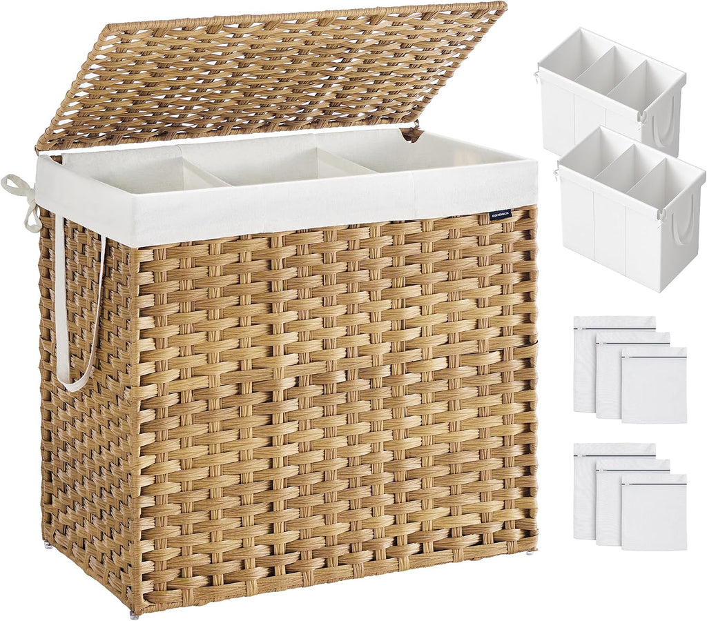 Laundry Hamper with Lid, 160 L Wicker Laundry Basket | 6 Mesh Bags, 2 Removable Liner Bags, 26 x 15.7 x 24 Inches