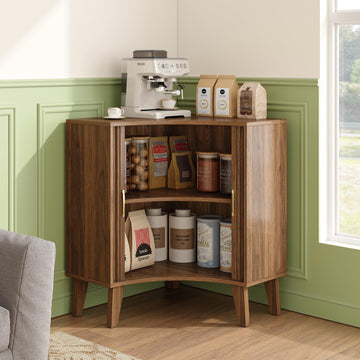 Fluted Corner Cabinet with Doors, Corner Kitchen Cabinet, Wine Bar, Sideboard