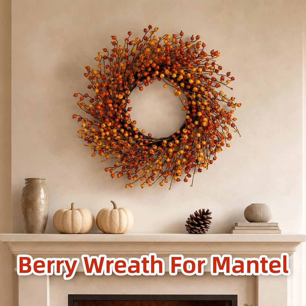 24" Berry Fall Wreath for Front Door, Orange/Yellow Autumn Harvest Wreath