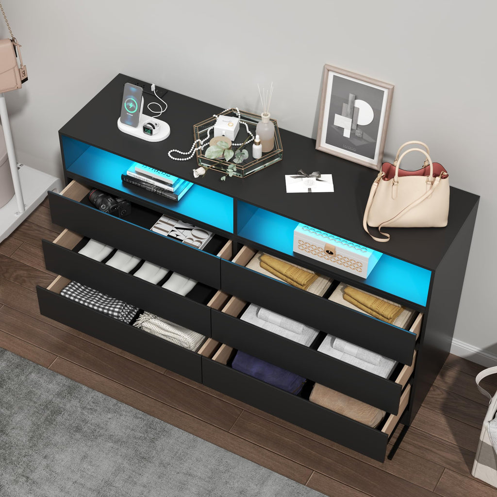 6 Drawers Double Black Dresser with Power Outlet & LED Light