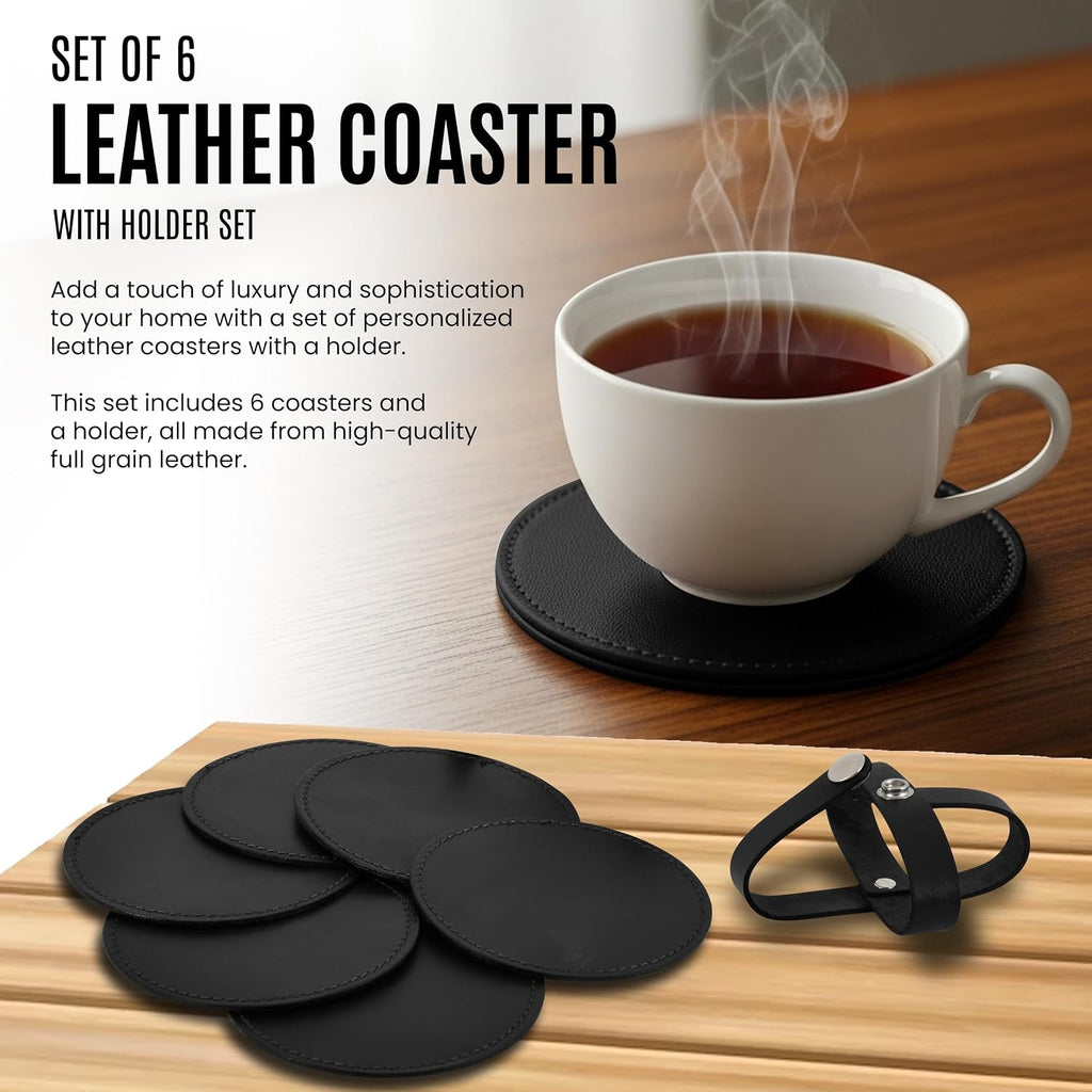 Genuine Leather, Premium Table Coasters by , Round, 4 inch, with Holster, Handcrafted, Hand Made, Non Slip - Set of 6