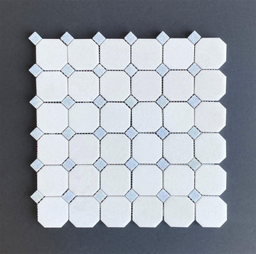 Of Thassos White Octagon and Blue Celeste Dot Marble Mosaic Wall and Floor Tile Backsplash, Bathroom
