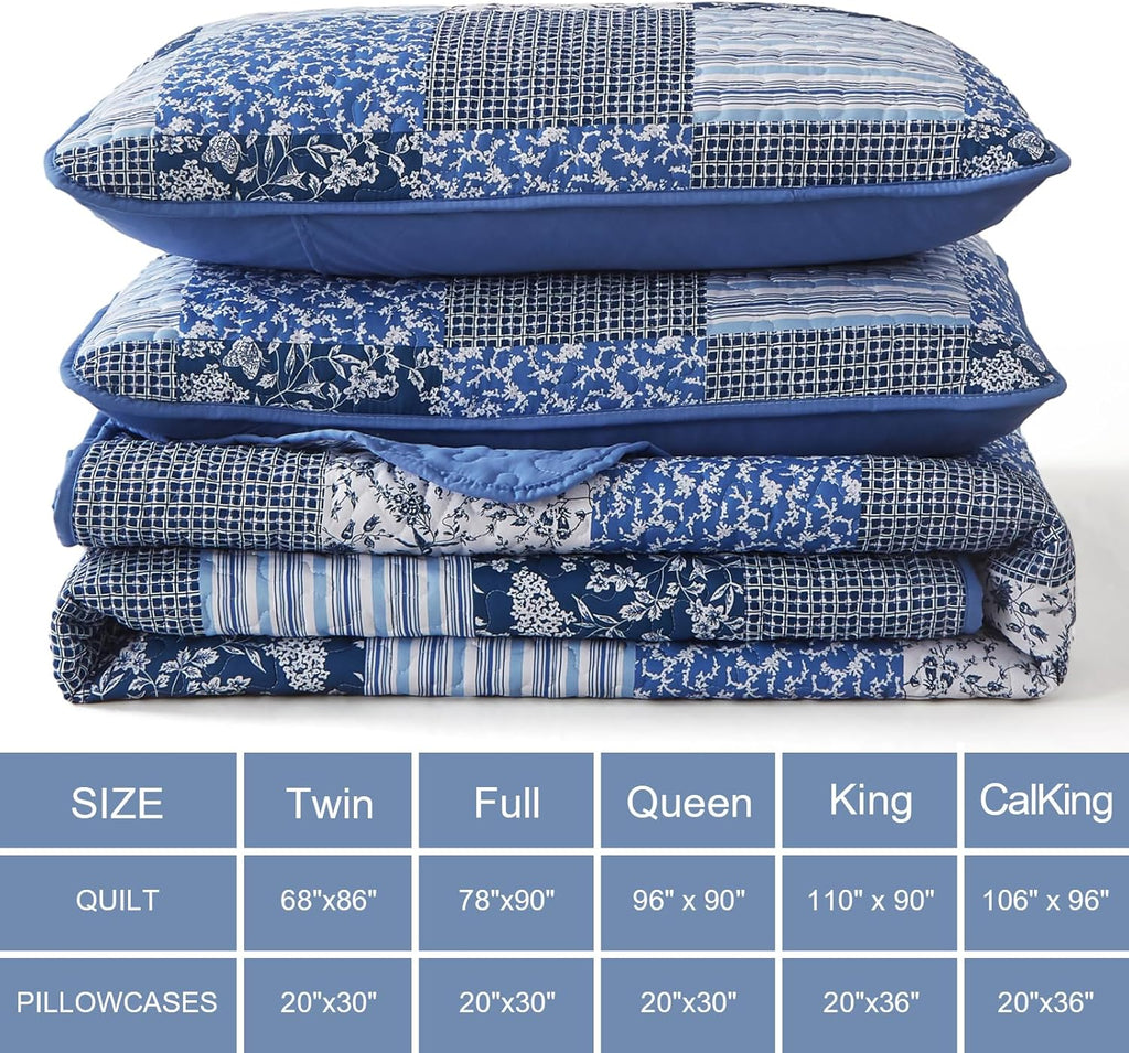 Blue Boho Quilt Set Queen,3 Pieces Plaid Floral Bedspread Coverlet Set for All Season,Patchwork Reversible Bedding