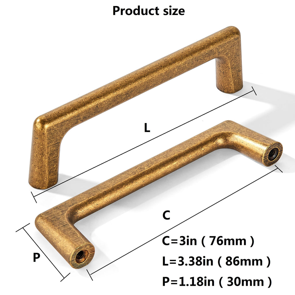 10 Pack 3 Inch(76mm) Hole Centers Vintage Antique Brass Cabinet Pulls, Easy to Install Retro Drawer Handles for