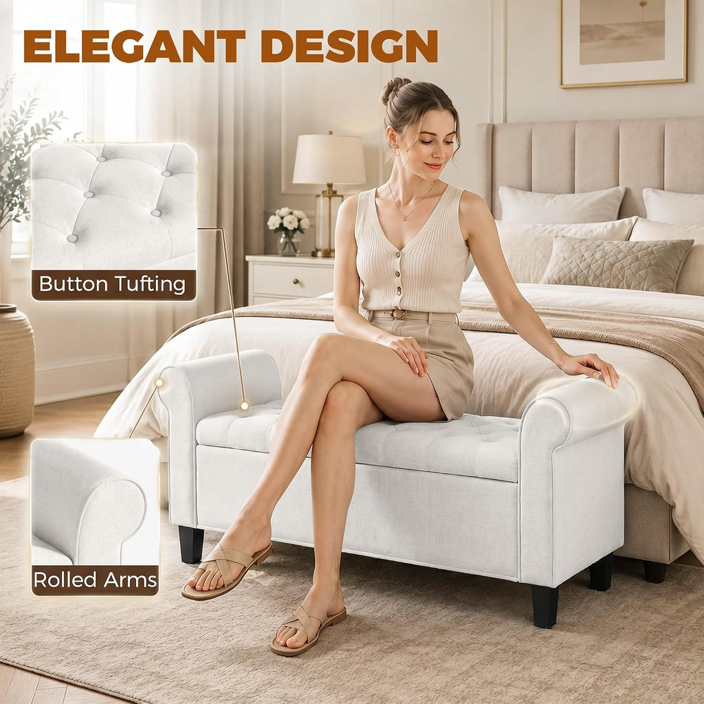 47" Storage Ottoman End of Bed Bench with Rolled Arms Cream White | Long Ottoman with Storage Chest, Safety Hinge