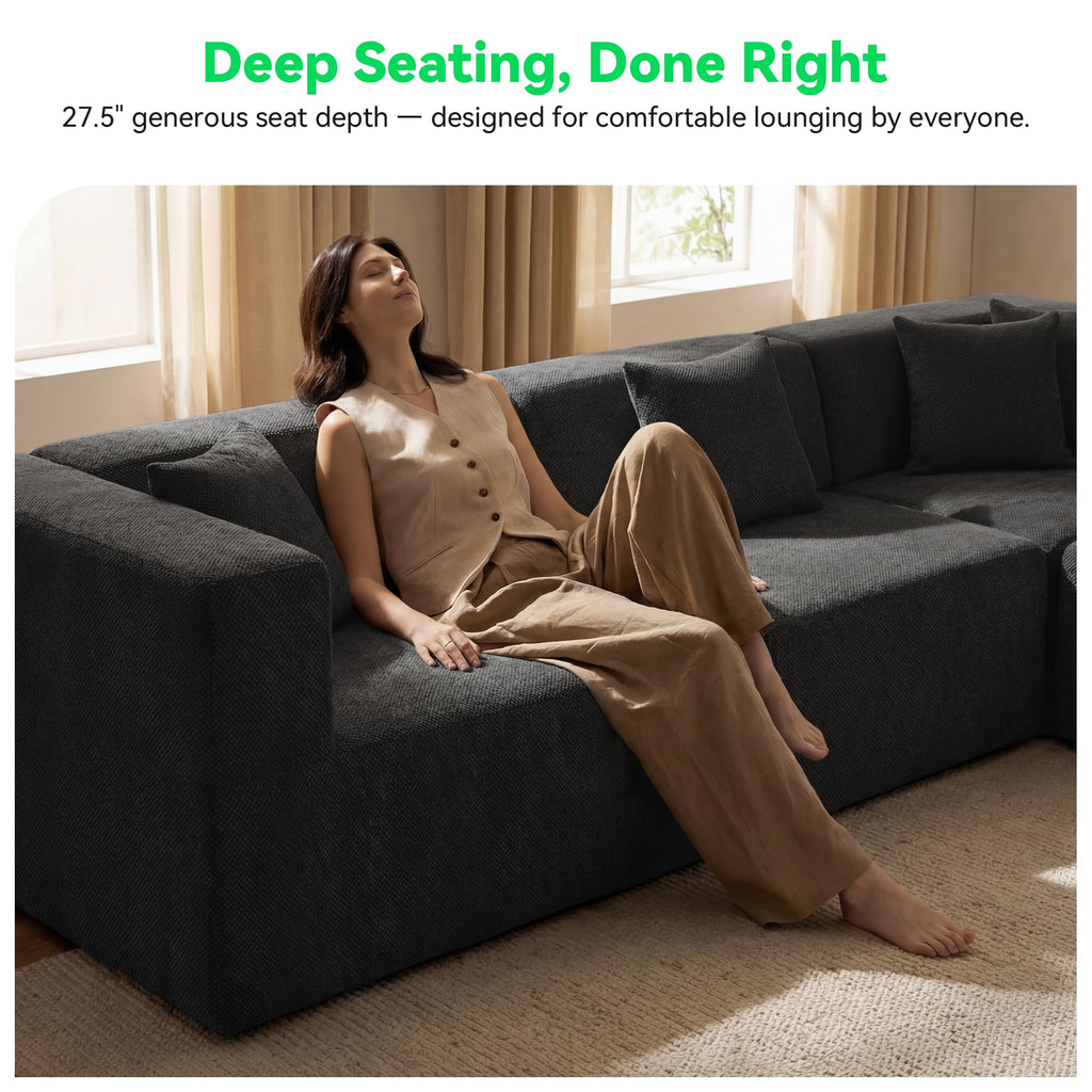 Oversized Boneless Sectional Couch 08-Seat, Chenille, Black