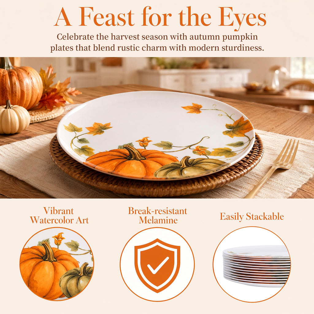 10in Melamine Dinner Plates Set 12 - Fall Pumpkin Design for Outdoor