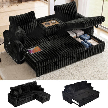 81" Sectional Sleeper Sofa Bed with Storage Chaise & USB Charging, Plush Corduroy L-Shaped Pull Out Couch Bed