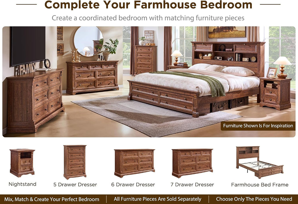 Farmhouse Queen Bed Frame with 54" Tall Storage Bookcase Headboard, Wood Platform Bed Frame with 18" Tall Roman