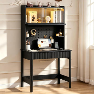 31.5" LED Study Desk with Hutch,Outlets,Reading Lights