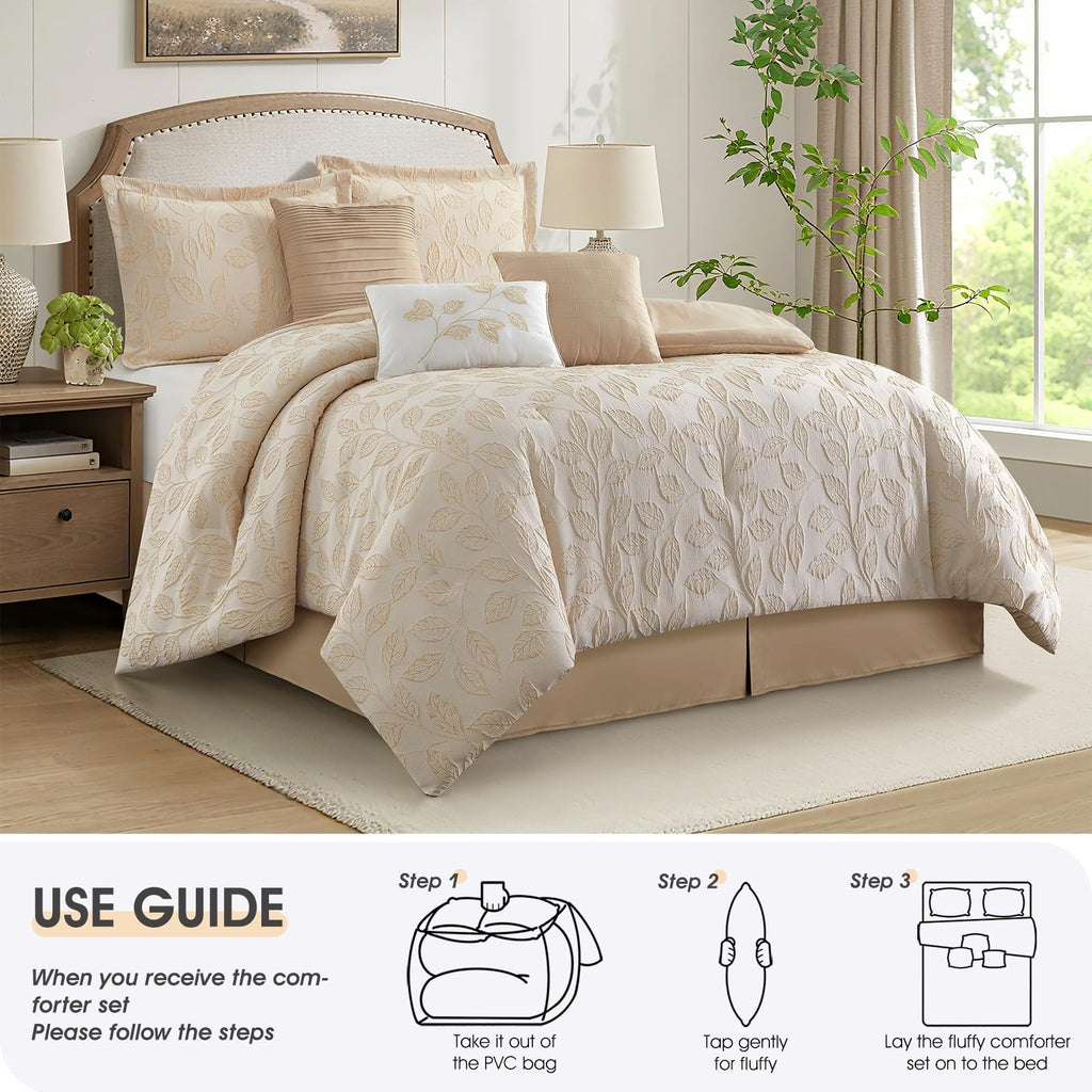 7 Pieces Beige Gold Comforter Set, Queen Size, Jacquard with Matching Solid Microfiber Piecework, 3D Leaves Texture