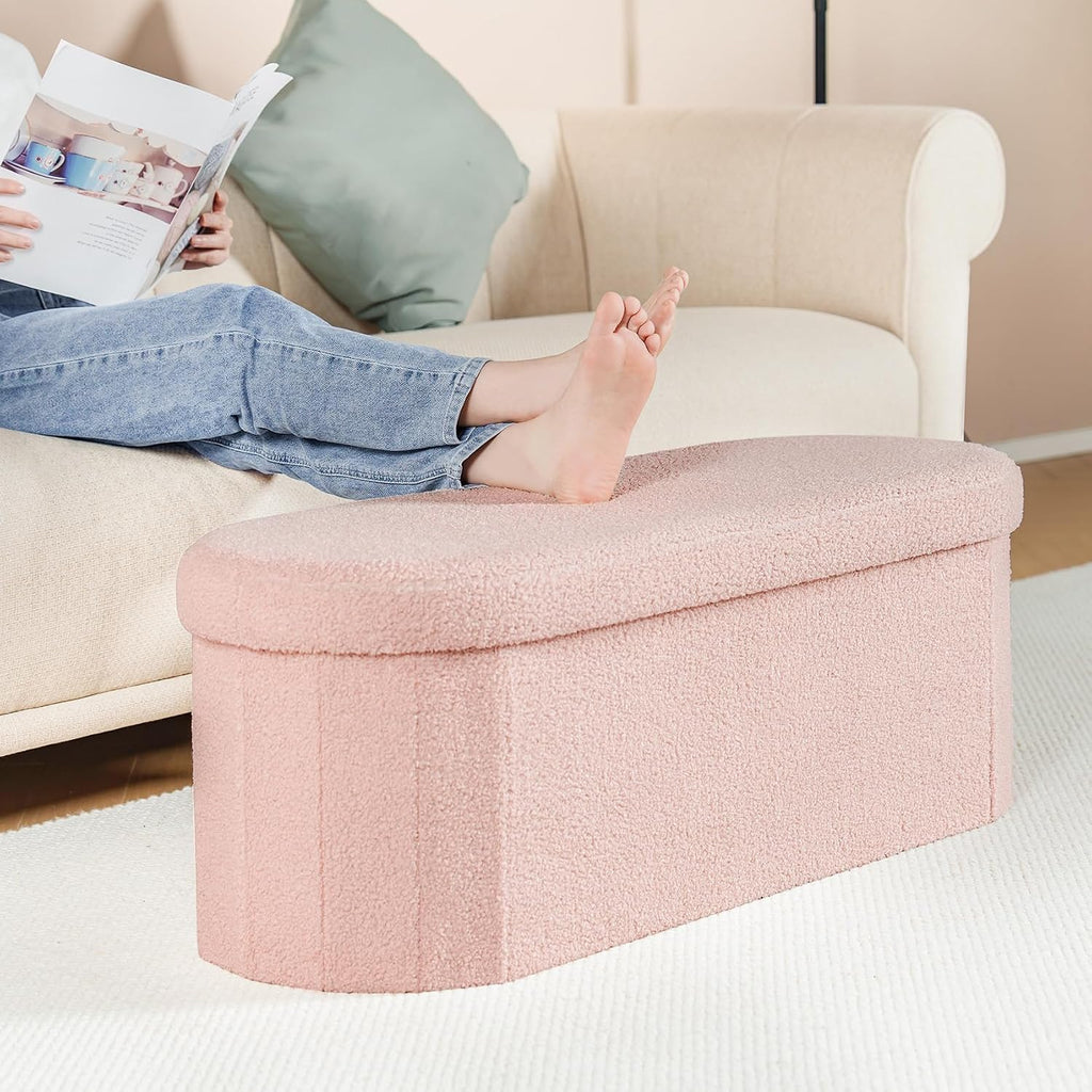 Ottoman with Storage , Sherpa Folding Storage Ottoman Foot Rest, 43.3 Inches Collapsible Bedroom Bench Pink