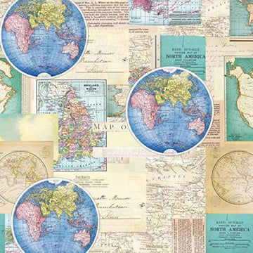 Vintage Map Collage 100% Cotton Fabric By The Yard, 1 Yard Precuts