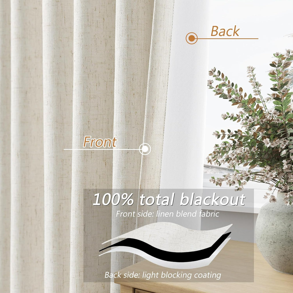 Cream 100% Blackout Linen Curtains 96 Inch Length Ceiling to Floor 2 Panels 8 FT for Living Room Bedroom Back Tab