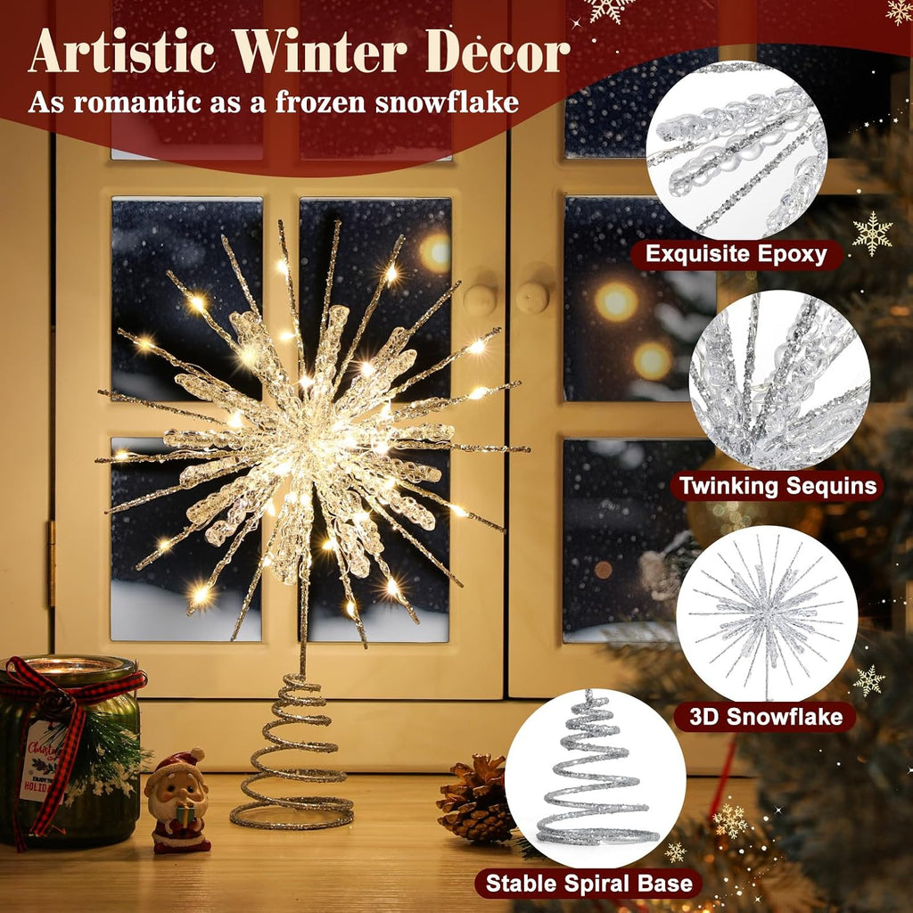 12" Crystal Lighted Christmas Snowflake Tree Topper, Silver