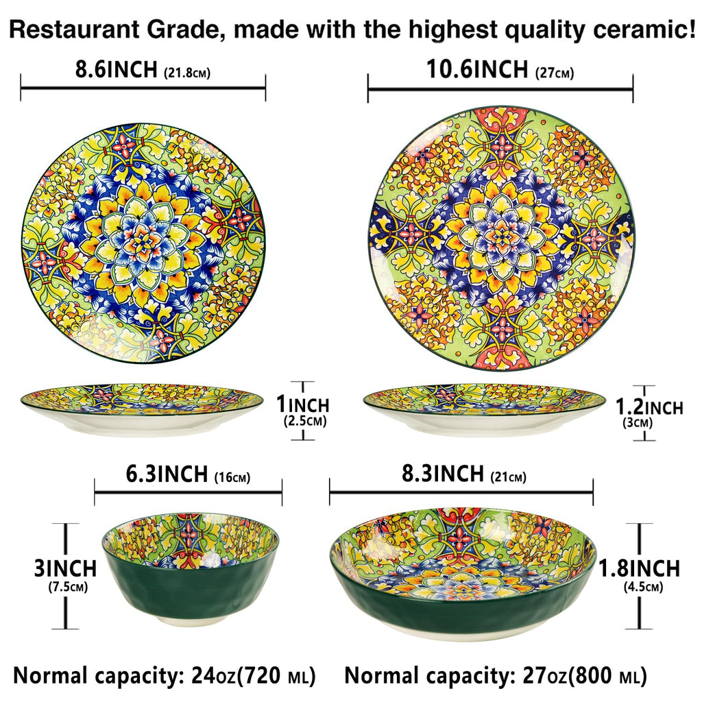 Mandala Dinnerware Sets, Plates and Bowls Set, Porcelain Dishes Service for 4, Zanzibar, Bohemian Style Dining Ware