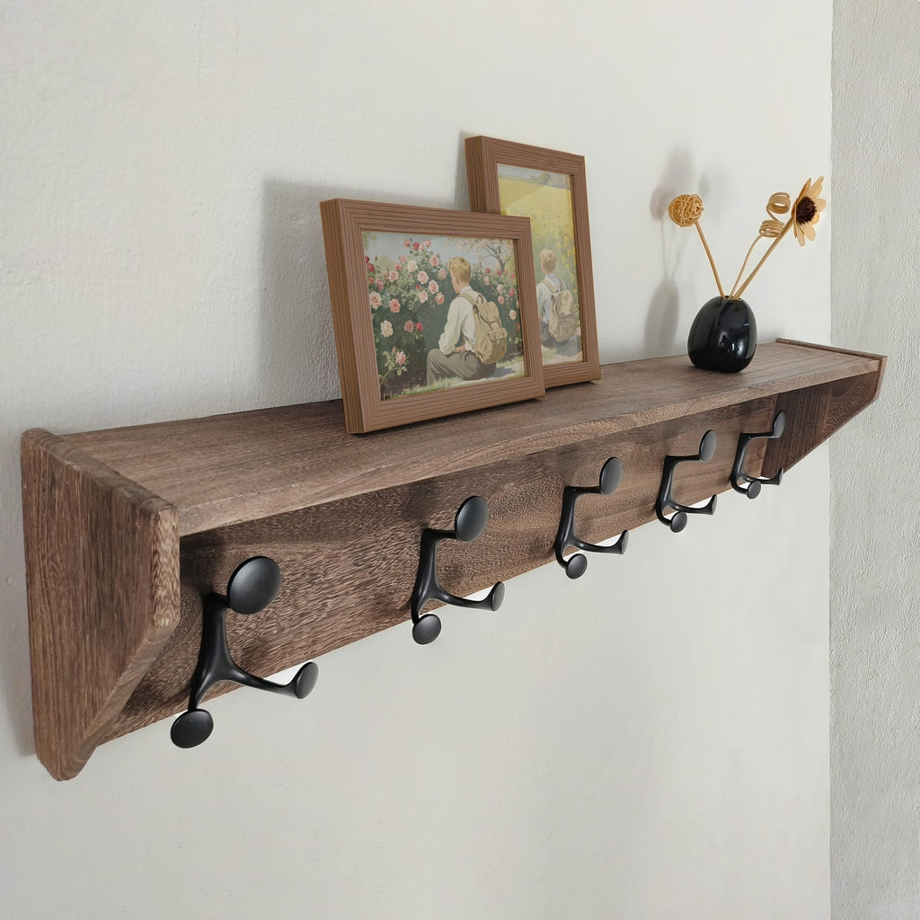 Wall Shelf with Hooks, 35-Inch Weathered Brown Wall Mounted Coat Rack with Shelf Organizer - Lightweight & Sturdy
