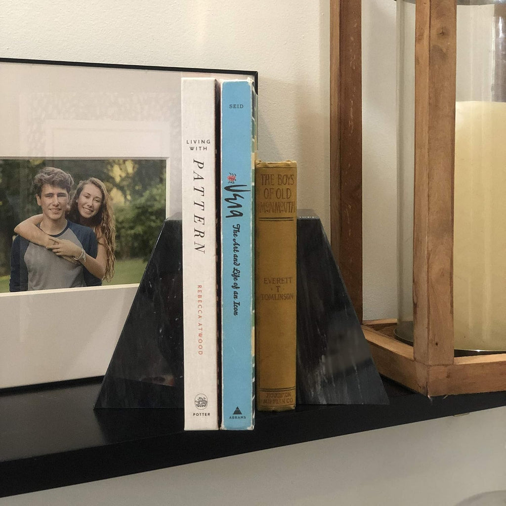 Natural Polished Marble Bookends, Black, Set of 2 Heavy Book Ends | 100% Beautiful Natural Marble Decorative Bookends