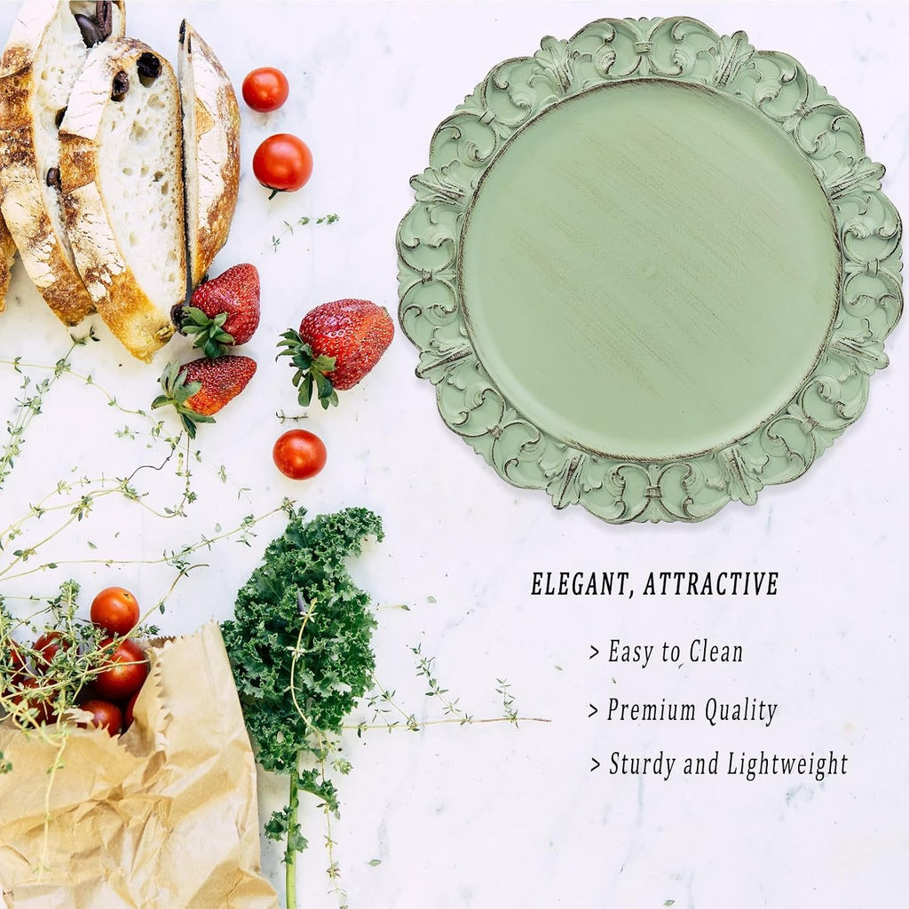 Green Charger Plates Set of 6, Decorative Table Plastic Chargers for Dinner Plates, Party, Wedding, Thanksgiving