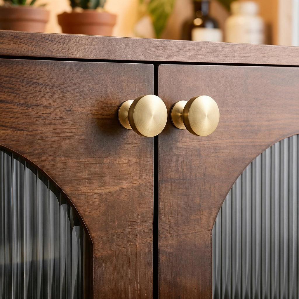 Solid Brass Cabinet Knobs with Wide Base, 1-1/8 Inch Brushed Gold Drawer Knobs, 4 Pack Round Dresser Knobs Cabinets