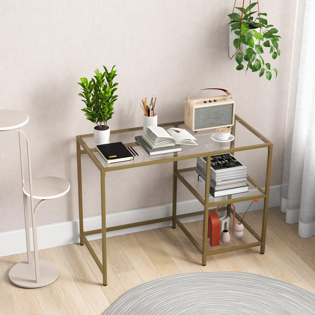 Tempered Glass Computer Desk with 2-Tier Storage Shelves, Modern Computer Workstation, Vanity Makeup Table, Sturdy