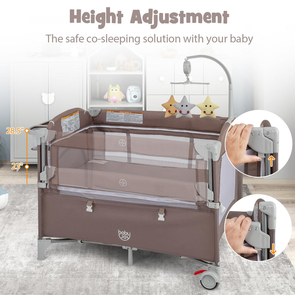 JOY 5-in-1 Play Yard, Portable Baby Bedside Sleeper with Bassinet, U-Shaped Diaper Changer, Safety Strap, Side