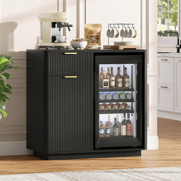 Mini Fridge Cabinet with Wine Storage & Power Outlet, Black | Coffee Bar Cabinet with Mini Fridge Space, Liquor