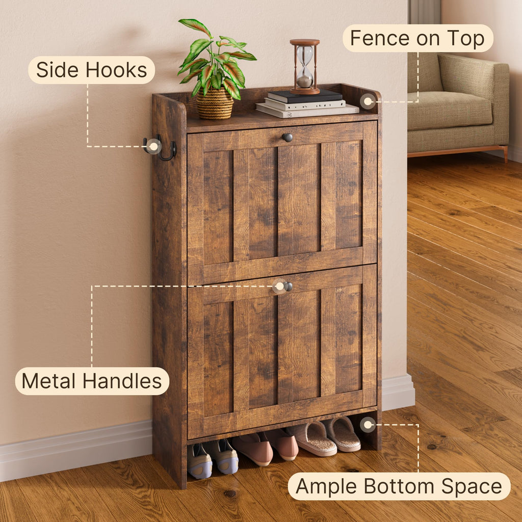 Narrow Shoe Storage Cabinet with 2 Flip Drawers, Retro