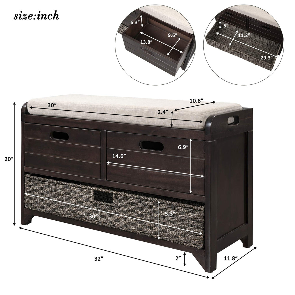 Farmhouse Wood Shoe Bench with Storage and Seat Cushion Hallway Front Door Espresso