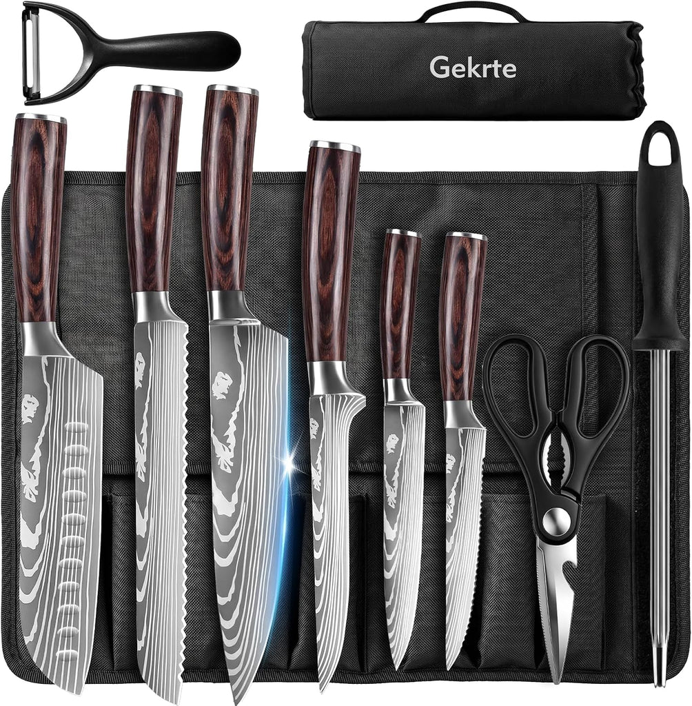 Kitchen Knife Set, 9 Pieces High Carbon Stainless Steel Chef Knife Set | Japanese Knives Set with Roll Bag, Ergonomic