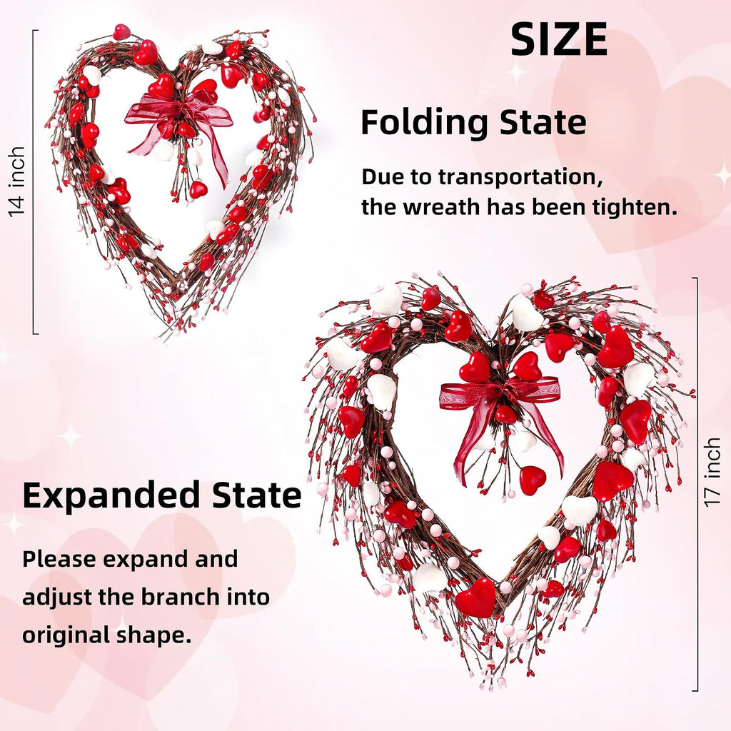 17in Valentine's Day Heart Wreath with Berry Red Heart Wreaths Handmade Valentines Day Wreath with Silk Bow Red Pink