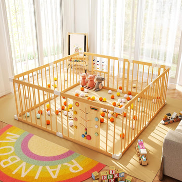 Wooden Baby Playpen with Locking Gate, Extra Large Playpen for Babies and Toddlers, Size Adjustable Activity Center