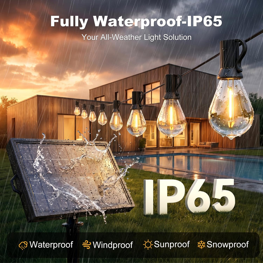 Solar String Lights Outdoor, IP65 Waterproof Shatterproof Dimmable LED Bulbs, Solar & USB Powered, 20+ Hrs Long