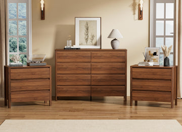 Walnut 3 Piece Bedroom Set, 8 Drawer Dresser and Nightstands