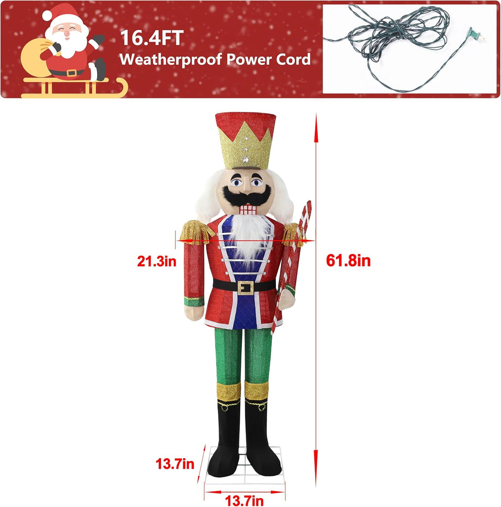 5FT Lighted Nutcracker with Candy Cane for Christmas Decoration, 3D Pre-Lit Iridescent Soldier Xmas Decor with 100