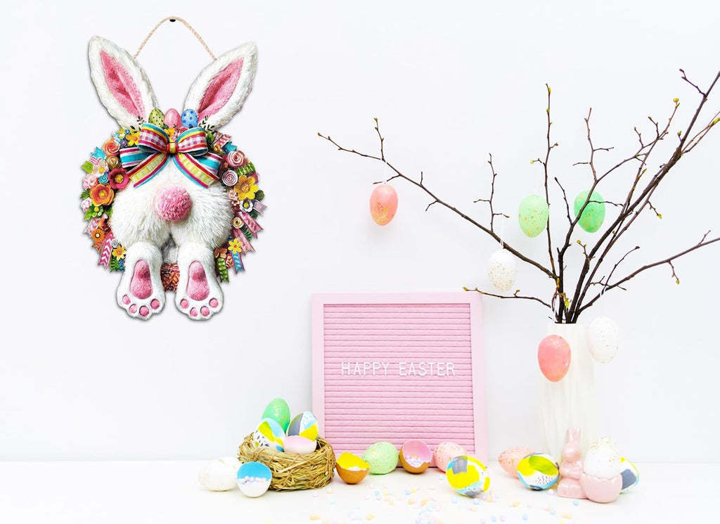 Easter Decoration Wooden Door Wreath for Front Door Sign Cute Bunny Wooden Door Hanger Rabbit Spring Decoration, Cute