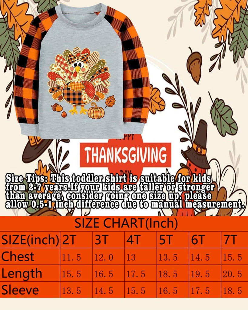Girl Thanksgiving Shirt Turkey Thankful Orange Plaid Long Sleeve Top
