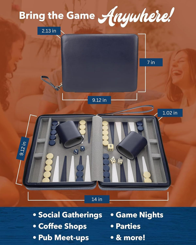 Backgammon Set, Board Games for Adults - Travel Games - Magnetic with Navy Blue Leatherette Backgammon Board