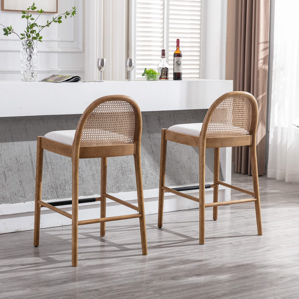 Modern Bar Stools Set of 2, 29 Inches Bar Height Barstools with Rattan Back, Linen Upholstered Kitchen Island Chair
